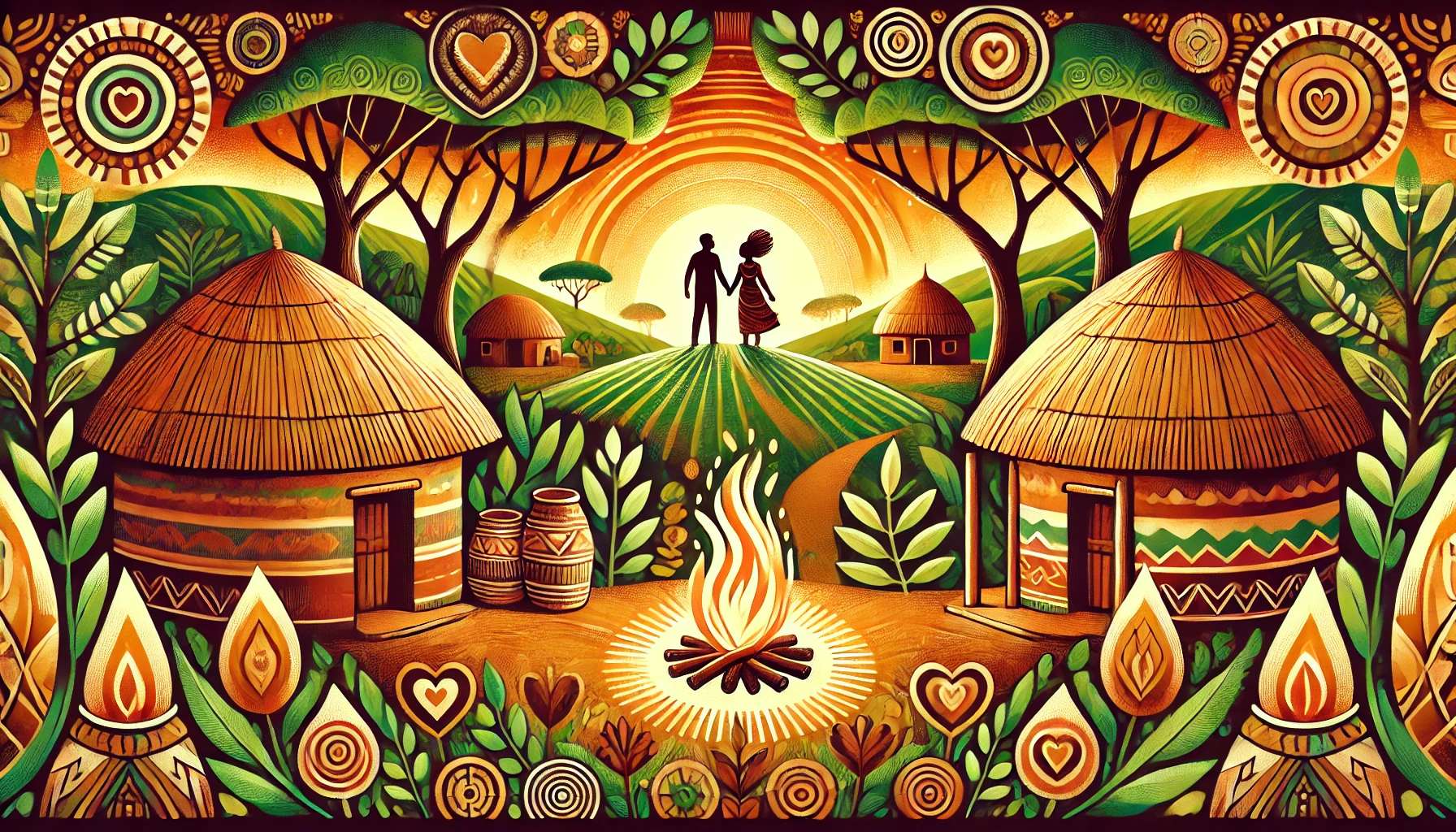Une illustration vibrante et symbolique célébrant les proverbes africains sur l’amour. La scène représente un village africain chaleureux avec des huttes traditionnelles au toit de chaume, entourées d’une végétation luxuriante et baignées dans la lumière dorée d’un coucher de soleil. Au premier plan, deux personnes debout proches symbolisent l’unité et l’amour, tandis qu’un feu de camp communautaire à proximité incarne la sagesse partagée. Le paysage intègre des motifs culturels tels que des dessins tribaux sur le sol et des formes subtiles de cœur dans le feuillage en arrière-plan. Les couleurs riches et chaudes, avec des teintes d’orange, de vert et de brun, créent une atmosphère d’amour, de communauté et de sagesse ancestrale.