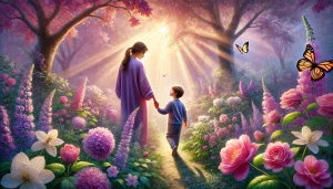 Une scène réaliste et chaleureuse représentant l'amour entre un parent et un enfant. Le parent tient tendrement la main de l'enfant alors qu'ils marchent dans un jardin luxuriant, rempli de fleurs écloses et baigné par une douce lumière filtrant à travers les arbres. Les couleurs dominantes, rose, violet et vert, créent une atmosphère apaisante et pleine de sérénité. Les expressions sur leurs visages reflètent la tendresse et la joie, soulignant la force du lien émotionnel. Des éléments naturels tels que des papillons et la lumière dorée ajoutent une touche de tranquillité et de beauté.