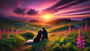 Une photographie panoramique montrant une personne assise sur une colline verdoyante au coucher du soleil, partageant un moment tendre avec un chien loyal à ses côtés. Le ciel est baigné de teintes chaleureuses de rose, violet et orange, reflétant une ambiance d'affection et de sérénité. Le chien regarde avec confiance la personne, et à l’arrière-plan, un paysage de campagne paisible avec des fleurs en pleine floraison et un sentier sinueux complète l'atmosphère douce et harmonieuse.