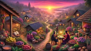Une photographie panoramique d’un village chaleureux au lever du soleil. Au premier plan, un marché animé où des villageois interagissent autour de paniers de fruits et légumes. Un vieil homme sage partage des histoires avec un jeune adulte, tandis qu'une lumière douce illumine la scène. À l’arrière-plan, des maisons rustiques et des chemins sinueux sont baignés dans des teintes apaisantes de rose, violet et vert. L’atmosphère évoque la simplicité, la sagesse partagée et les joies de la vie quotidienne.