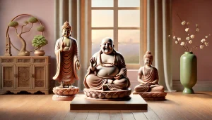 Image réaliste et sereine représentant trois statues de Bouddhas posées sur un support en bois près d'une fenêtre. On y distingue le Bouddha rieur au ventre rebondi, symbole de prospérité et de bonheur, le Bouddha méditatif, assis dans une posture de paix intérieure, et le Bouddha protecteur, debout avec une main levée pour symboliser la protection. L’atmosphère est douce, lumineuse et apaisante, avec des teintes chaleureuses de rose, violet et vert, évoquant la sérénité et le développement personnel.