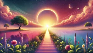 Une illustration réaliste et apaisante représentant un chemin lumineux traversant une forêt aux teintes chaleureuses, avec une prédominance de rose, de violet et de vert. L'image évoque le développement personnel, symbolisé par un chemin de découverte et de croissance, entouré d'une nature paisible et harmonieuse.