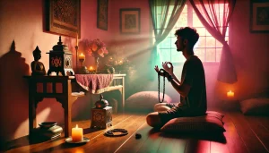 Réciter des prières bouddhiques ou mantras. Photo d’une personne en méditation récitant un mantra bouddhiste, avec un mala dans les mains. L’environnement spirituel, doux et coloré, invite à la paix intérieure et à la concentration.