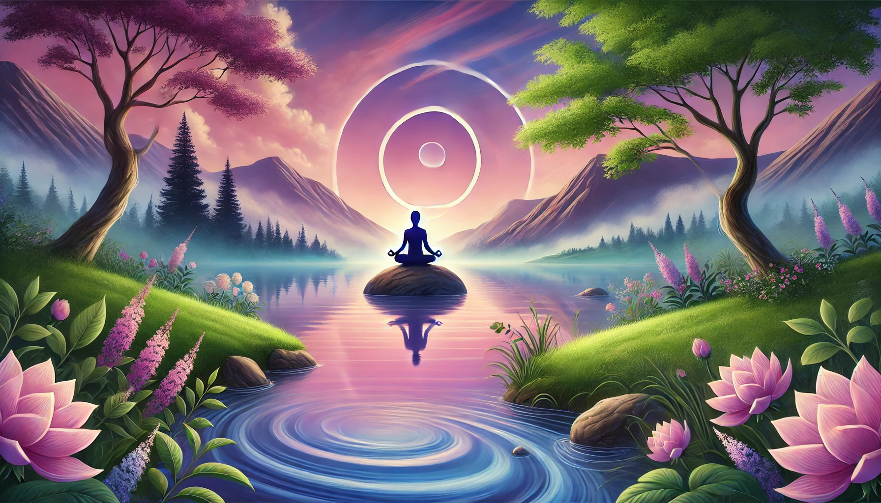 Une illustration symbolique et sereine représentant la sérénité et le calme parfait. La scène montre un paysage paisible avec un lac tranquille entouré de verdure luxuriante et de montagnes douces enveloppées de brume. Au centre, une figure méditative est assise sur un rocher près de l’eau, émanant une lueur douce symbolisant la paix intérieure et l’harmonie. Le ciel présente un dégradé de tons roses, violets et bleus clairs, renforçant l’atmosphère de tranquillité et d’équilibre. Les fleurs écloses le long du rivage et les légères ondulations de l’eau ajoutent une touche de calme et de réflexion.