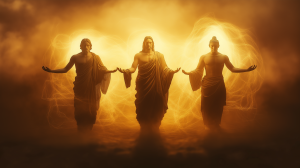 Une représentation de Socrate, Jésus et Bouddha (bras ouverts) , baignant dans lumière douce et bienveillante.