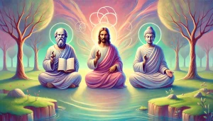 Une illustration symbolique et harmonieuse représentant Socrate, Jésus et Bouddha dans un paysage paisible. Les trois figures sont assises en poses réfléchies, chacune évoquant leur essence unique : Socrate avec un rouleau représentant la quête de sagesse, Jésus avec une posture bienveillante reflétant l'amour et la compassion, et Bouddha dans une position méditative incarnant la paix intérieure. Le décor naturel inclut un horizon lumineux et des teintes pastel de rose, lavande et vert, symbolisant l'unité et le respect des différentes philosophies et spiritualités.