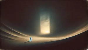 Spectre du nihilisme : une figure seule, face au vide, avec une lumière subtile au loin. Elle incarne visuellement le passage entre la perte de repères et la possibilité de libération — exactement ce que Nietzsche évoque.