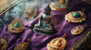 Une collection d'amulettes bouddhistes sacrées (Phra Khrueang) exposées sur un tissu de soie violet orné, des sculptures de Bouddha détaillées, des pendentifs en or rose et en jade avec des sculptures complexes, des symboles anciens brillants, entourés de fumée d'encens, une prise de vue très détaillée.