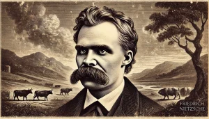 Portrait en sépia de Friedrich Nietzsche, philosophe allemand, illustré dans un style vintage gravure.