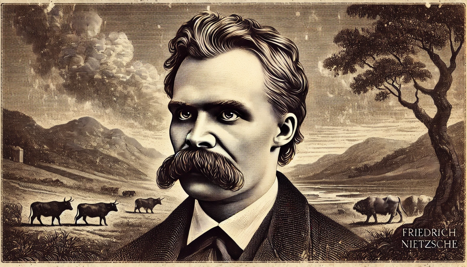 Portrait en sépia de Friedrich Nietzsche, philosophe allemand, illustré dans un style vintage gravure.