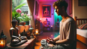 Photo d’une personne qui sait prier Bouddha en méditant, yeux fermés, il tient un mala dans les mains. L’atmosphère est paisible, spirituelle, et emplie de lumière chaude, propice à la prière et à la clarté mentale.
