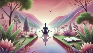 Une illustration réaliste et apaisante montrant une personne sur un sentier de nature, entourée de paysages lumineux et verdoyants, symbolisant le cheminement vers une meilleure confiance en soi. L'image évoque la tranquillité et l'épanouissement personnel.