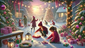 Des enfants participent à une chasse aux trésors de Noël dans un paysage enneigé, décoré de guirlandes lumineuses et d'ornements festifs. Des cadeaux sont cachés parmi les arbres et les buissons, tandis qu'une lumière douce et chaleureuse, aux teintes de rose, violet et vert, enveloppe la scène, évoquant l'esprit magique des fêtes.