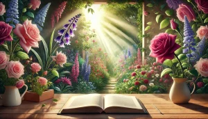 Une illustration réaliste et apaisante d'un paysage naturel lumineux, avec des teintes chaleureuses et des éléments harmonieux, représentant symboliquement l'inspiration et la sérénité associées aux enseignements de Louise Hay.