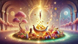 L'image montre une scène lumineuse et réaliste illustrant l'abondance financière, avec une corne d'abondance débordant de richesses symboliques et la figure d'Abundancia rayonnant dans une ambiance chaleureuse. Les teintes prédominantes rose, violet et vert renforcent un sentiment de sérénité et de prospérité.