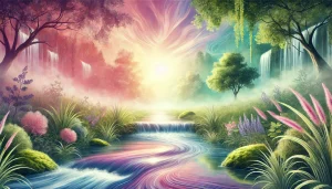 Une illustration réaliste et sereine représentant des rayons lumineux diffusant une énergie positive dans un paysage paisible, symbolisant la diffusion de bonnes ondes et d’harmonie.