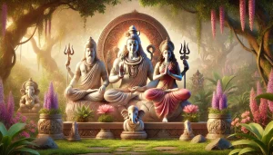 Une illustration réaliste et apaisante représentant les figures emblématiques de l'hindouisme, notamment la Trimurti composée de Brahma, Vishnou et Shiva, avec des tons chaleureux et une atmosphère lumineuse. Les statues sont posées sur un autel en bois entouré de fleurs, reflétant la spiritualité et l’harmonie de la philosophie hindoue.