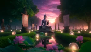 Une photographie panoramique illustrant la sagesse intemporelle de Bouddha. La scène montre une statue ancienne en pierre de Bouddha assise paisiblement dans un jardin luxuriant, baigné de douces lumières aux teintes de rose, violet et vert au coucher du soleil. Des parchemins avec des inscriptions de sagesse flottent doucement dans l'air autour de la statue. Le décor comprend des fleurs de lotus sur un étang calme et des orbes lumineux représentant l'illumination et le savoir infini. L'atmosphère est méditative et introspective, transmettant un profond sentiment de sérénité et de sagesse éternelle.
