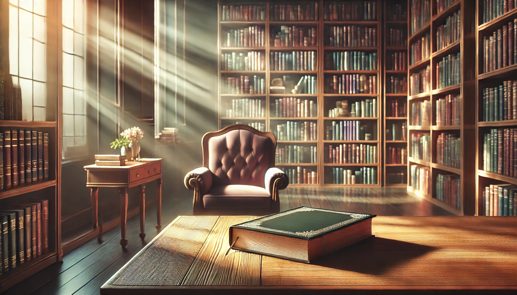 Une bibliothèque chaleureuse et lumineuse, avec une table en bois où repose un livre ouvert. La lumière naturelle illumine la pièce, renforçant une atmosphère paisible et propice à la réflexion, symbolisant la quête de connaissances et l'inspiration à travers les citations.