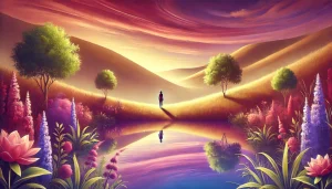 Une illustration réaliste et paisible représentant une silhouette contemplative entourée d'une nature sereine, symbolisant le cheminement intérieur et la croissance personnelle. Les teintes chaudes et apaisantes, dominées par des nuances de rose, violet et vert, évoquent la plénitude et le bien-être.