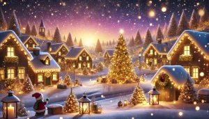 L'image représente un paysage réaliste et paisible qui capture la magie de Noël. Une ambiance chaleureuse et lumineuse, avec un village enneigé illuminé de douces lumières dorées, évoque la féerie des fêtes de fin d'année.