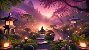 Une photographie paisible et inspirante capturant l'essence du non-jugement et de la pleine conscience. La scène montre un jardin zen tranquille au lever du soleil, baigné dans des teintes chaudes de rose, violet et vert. Une personne médite calmement sur un banc de pierre, entourée de douces lumières flottantes symbolisant les sept attitudes fondamentales. L'ambiance est sereine, avec une légère brume enveloppant le jardin, des arbres en fleurs de cerisier et une végétation luxuriante. Cette composition évoque une profonde croissance personnelle, la pleine conscience et la paix intérieure.