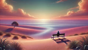 Une illustration réaliste et apaisante représentant une figure solitaire dans un vaste paysage, évoquant le sentiment de vide intérieur et d’introspection, avec des teintes chaleureuses de rose, violet et vert pour refléter la sérénité et la réflexion personnelle.