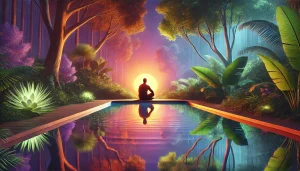 Une illustration réaliste et sereine montrant une personne assise près d'un lac tranquille entouré de végétation, dans une posture méditative, symbolisant l'introspection et la recherche de compréhension intérieure. L'image évoque la paix, la réflexion et l'épanouissement personnel.