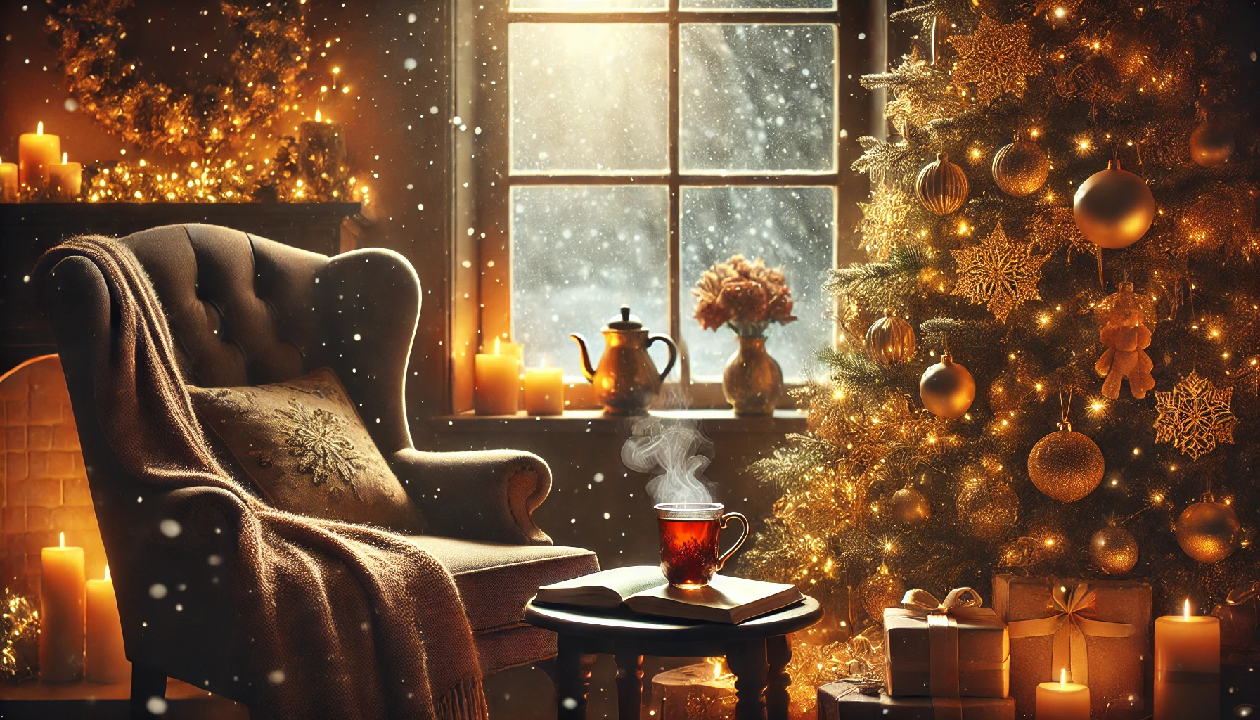 Une scène de Noël paisible avec un intérieur chaleureux. Un sapin de Noël décoré de lumières dorées et d'ornements délicats brille doucement dans un coin. Au premier plan, un fauteuil confortable et une petite table avec une tasse de thé fumante et un livre ouvert évoquent le confort et la réflexion. À l'extérieur, la neige tombe doucement, créant une ambiance mélancolique et apaisante.