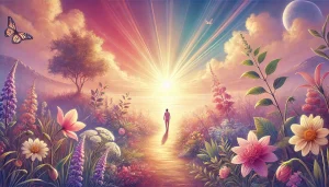 Une illustration réaliste et apaisante montrant un sentier baigné de lumière du matin, symbolisant un nouveau départ. Un individu marche sereinement vers un horizon prometteur, entouré de paysages naturels aux teintes chaleureuses de rose, violet et vert, évoquant la croissance personnelle et la plénitude.