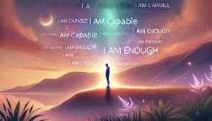 Une illustration réaliste montrant une personne debout sur une colline au lever du soleil, les bras légèrement ouverts dans une posture de confiance et de sérénité. L'atmosphère est enveloppée de couleurs douces et chaleureuses, avec des teintes dominantes de rose, violet et vert. Des phrases positives comme 'Je suis capable' et 'Je suis suffisant(e)' semblent flotter subtilement dans l'air, symbolisant le renforcement de la confiance en soi.
