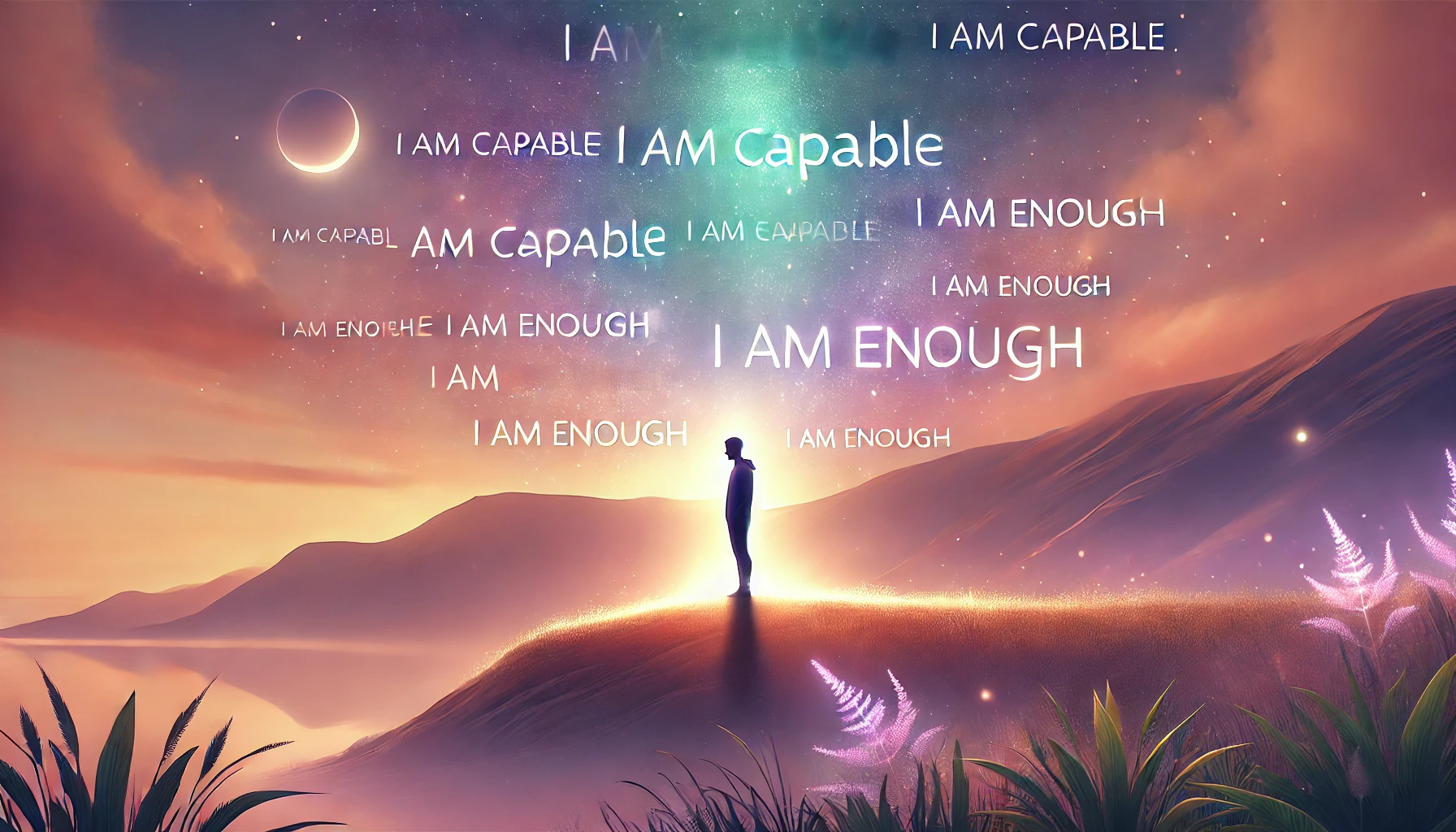 Une illustration réaliste montrant une personne debout sur une colline au lever du soleil, les bras légèrement ouverts dans une posture de confiance et de sérénité. L'atmosphère est enveloppée de couleurs douces et chaleureuses, avec des teintes dominantes de rose, violet et vert. Des phrases positives comme 'Je suis capable' et 'Je suis suffisant(e)' semblent flotter subtilement dans l'air, symbolisant le renforcement de la confiance en soi.