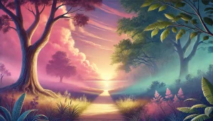 Illustration réaliste et paisible d’un paysage naturel mettant en avant des éléments symboliques qui évoquent l’exploration philosophique et la réflexion sur le sens de la vie. L'image dégage une atmosphère de sérénité, avec des couleurs harmonieuses et une lumière douce, invitant à la contemplation et à l’introspection.