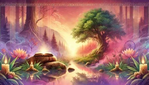 Une illustration sereine et inspirante représentant un chemin paisible entouré de nature verdoyante, baigné de lumière douce, symbolisant la sagesse, la sérénité et les enseignements des proverbes inspirants à travers différentes cultures.