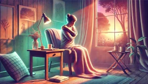 Une illustration réaliste et apaisante représentant une femme assise calmement dans une pièce lumineuse, près d'une fenêtre, ses bras l'entourent doucement, symbolisant l'auto-compassion. Baignée de teintes chaudes de rose, violet et vert, la scène évoque la sérénité et le développement personnel.