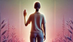 Une illustration réaliste et apaisante montrant une personne de dos levant la main dans un geste symbolique de refus ou d’affirmation, exprimant clairement ses limites avec calme et assurance. La scène est baignée de teintes chaleureuses de rose, violet et vert, évoquant la sérénité et la plénitude.