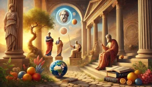 Une illustration réaliste et sereine représentant les concepts clés de la philosophie grecque antique. L'image montre un paysage harmonieux avec des statues symbolisant Aristote, Socrate et Platon, entourées de colonnes grecques classiques et baignées dans une lumière douce, évoquant la sagesse et la réflexion intemporelles de ces grands penseurs.