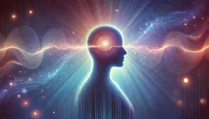 Illustration mystique et apaisante représentant une silhouette humaine avec des ondes lumineuses et vibratoires émanant des oreilles, symbolisant une connexion spirituelle et énergétique. Le fond est un dégradé de bleus et de violets avec des particules lumineuses, créant une ambiance sereine et spirituelle.