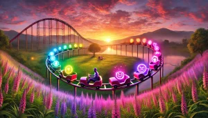 Une photographie panoramique illustrant les fluctuations émotionnelles à travers une métaphore visuelle d'une montagne russe traversant une prairie vibrante et des eaux paisibles au lever du soleil. La scène est baignée dans des teintes chaudes de rose, violet et vert. Chaque segment de la montagne russe représente une émotion différente, avec des orbes lumineuses de couleurs variées symbolisant la joie, la tristesse, la colère et la sérénité. Une personne est assise calmement dans une voiture de la montagne russe, tenant une lumière brillante qui incarne la conscience de soi et le contrôle émotionnel. L'atmosphère mélange mouvement et sérénité, évoquant une compréhension et un équilibre des hauts et des bas émotionnels.