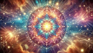 Mandala lumineux avec motifs de géométrie sacrée, rayonnant une énergie vibrante sur un fond cosmique. Illustration symbolisant l’harmonie spirituelle, l’élévation du taux vibratoire et l’équilibre énergétique.