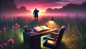 Une photographie panoramique évoquant l'inspiration et la détermination, symbolisant l'héritage de Winston Churchill. La scène présente un bureau de style vintage placé dans une prairie paisible au lever du soleil, éclairé par des teintes douces de rose, violet et vert. Sur le bureau, un livre ouvert affiche un texte lumineux, symbolisant des citations inspirantes. Au loin, une silhouette floue de Churchill se tient avec assurance contre un ciel éclatant, incarnant la force et le leadership. Les environs incluent des herbes hautes et des fleurs épanouies, renforçant une atmosphère intemporelle et motivante.