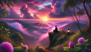 Une photographie panoramique évoquant la résilience et l'espoir en période difficile. La scène montre une personne assise paisiblement au bord d'une falaise, contemplant un lever de soleil vibrant aux teintes de rose, violet et vert. La personne tient une petite lumière lumineuse dans ses mains, symbolisant l'espoir. Autour d'eux, des éléments naturels tels que des fleurs épanouies et des ruisseaux calmes contrastent avec des nuages sombres à l'horizon, représentant les épreuves. L'atmosphère est sereine et réconfortante, pleine de chaleur et de force intérieure.