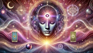 Représentation symbolique de la clairvoyance avec un visage de face, un troisième œil lumineux placé au centre des sourcils, entouré d'ondes énergétiques et d'éléments spirituels tels que des étoiles, des cartes de tarot et une boule de cristal. Les couleurs rose, violet et doré renforcent l'ambiance mystique et spirituelle."