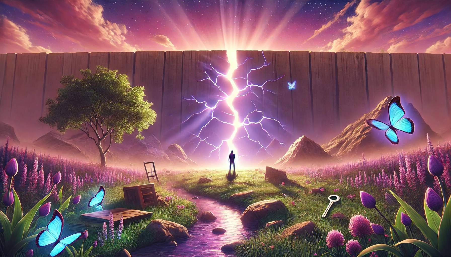 Une photographie panoramique représentant le processus de dépassement des blocages psychologiques. La scène montre une personne debout au pied d'un mur imposant dans un environnement paisible, éclairé par les teintes douces de rose, violet et vert au lever du soleil. Des fissures dans le mur laissent passer des rayons de lumière, symbolisant les percées et l'espoir. Au premier plan, des outils et des clés sont éparpillés, représentant des stratégies et des solutions pour surmonter les défis. Les environs incluent des fleurs épanouies et un ruisseau calme, symbolisant la croissance et la guérison. L'atmosphère est apaisante et inspirante, encourageant la transformation et la résilience.