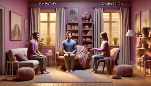 Illustration réaliste de la différence entre empathie et compassion : à gauche, une personne montre de l'empathie avec une posture ouverte et une expression attentive, écoutant un individu en détresse ; à droite, une autre personne démontre de la compassion en prenant une action concrète pour aider, dans un décor intérieur chaleureux aux teintes douces de rose, mauve, violet et bleu.