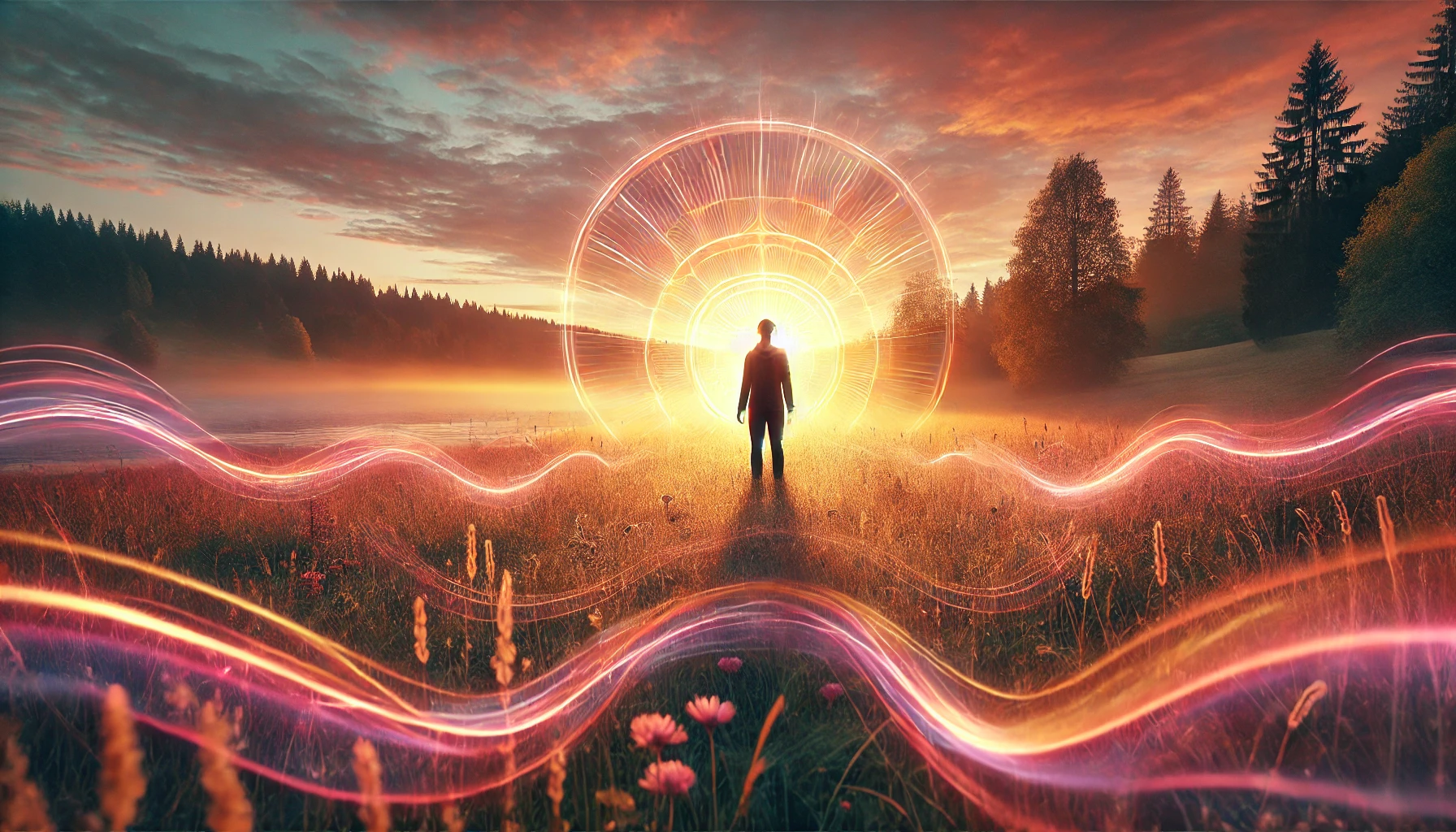 Une photographie panoramique représentant le développement de la clairsentience, le don de ressentir et percevoir les énergies. La scène montre une prairie paisible au lever du soleil, baignée de teintes chaudes de rose, orange et or. Une personne se tient calmement au centre, les yeux fermés et les mains légèrement tendues, comme si elle percevait les énergies subtiles qui l'entourent. Des vagues lumineuses dans des tons chaleureux émanent de la figure, symbolisant une sensibilité accrue. La nature environnante, avec des herbes douces, des fleurs en pleine floraison et une légère brise, accentue l'harmonie et la connexion. L'atmosphère est paisible, mystique et réconfortante.