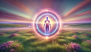 Une photographie panoramique illustrant les trois corps superposés tels qu’ils sont perçus dans la spiritualité. La scène montre une personne debout dans une prairie au lever du soleil, entourée de teintes apaisantes de rose, violet et vert. Le corps physique est clairement visible, tandis qu'une aura lumineuse et translucide symbolise le corps énergétique, enveloppant doucement la silhouette. Autour de cette aura, un troisième contour subtil et éthéré, composé de vagues lumineuses changeantes, représente le corps émotionnel. L'atmosphère est calme et harmonieuse, mettant en évidence l'équilibre et l'unité des trois corps.