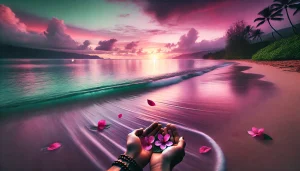 Une photographie panoramique illustrant la pratique hawaïenne de Ho’oponopono, axée sur la guérison et la réconciliation. La scène montre une plage paisible au coucher du soleil, baignée de teintes douces de rose, violet et vert. Une paire de mains relâche doucement des pétales dans les vagues de l'océan, symbolisant le pardon et le lâcher-prise. L'eau calme reflète les couleurs vibrantes du ciel, et au loin, une petite lumière en forme de cœur brille sur l'horizon, représentant l'amour et la réconciliation. L'atmosphère est apaisante, méditative et profondément réconfortante.