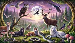  Une scène détaillée et équilibrée mettant en avant plusieurs animaux symboliques dans un paysage forestier enchanteur. Un hibou majestueux est perché sur une branche, un cerf noble se tient fièrement au centre, et un loup sage observe au loin. Un papillon délicat vole près d’eux, tandis qu’un goéland plane gracieusement dans le ciel. Un corbeau est posé sur un rocher, une hirondelle traverse l’air avec élégance, et un serpent est enroulé doucement sur le sol. L’ensemble est baigné dans une lumière douce aux teintes de rose, violet et vert, créant une atmosphère empreinte de sagesse et de connexion avec la nature.