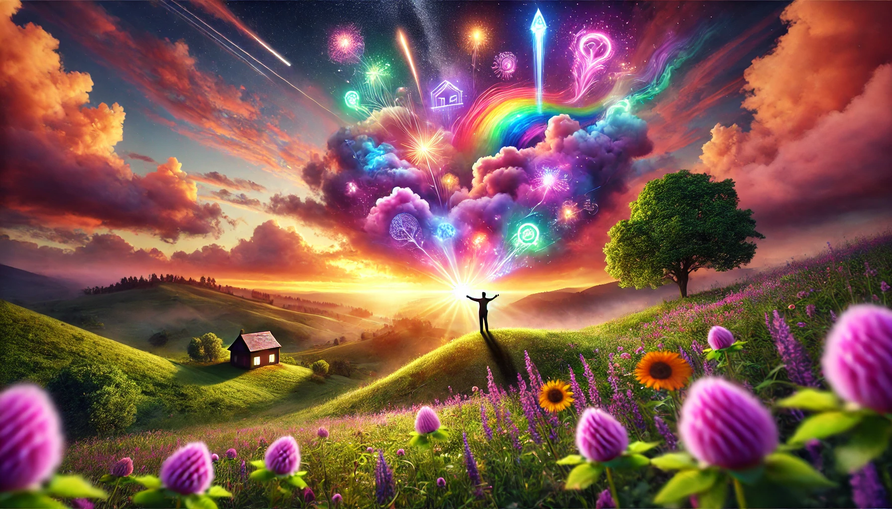 Une photographie panoramique illustrant la visualisation créatrice et la transformation des rêves en réalité. La scène montre une personne debout sur une colline verdoyante au lever du soleil, les bras écartés, avec des rayons lumineux émanant de ses mains. Le ciel, dans des nuances de rose, violet et vert, est rempli de nuages vibrants formant des symboles oniriques tels qu'une maison, un arbre et une étoile filante. Le sol est orné de fleurs épanouies et d'orbes lumineuses représentant la manifestation des rêves. L'atmosphère est magique, inspirante et porteuse d'espoir.